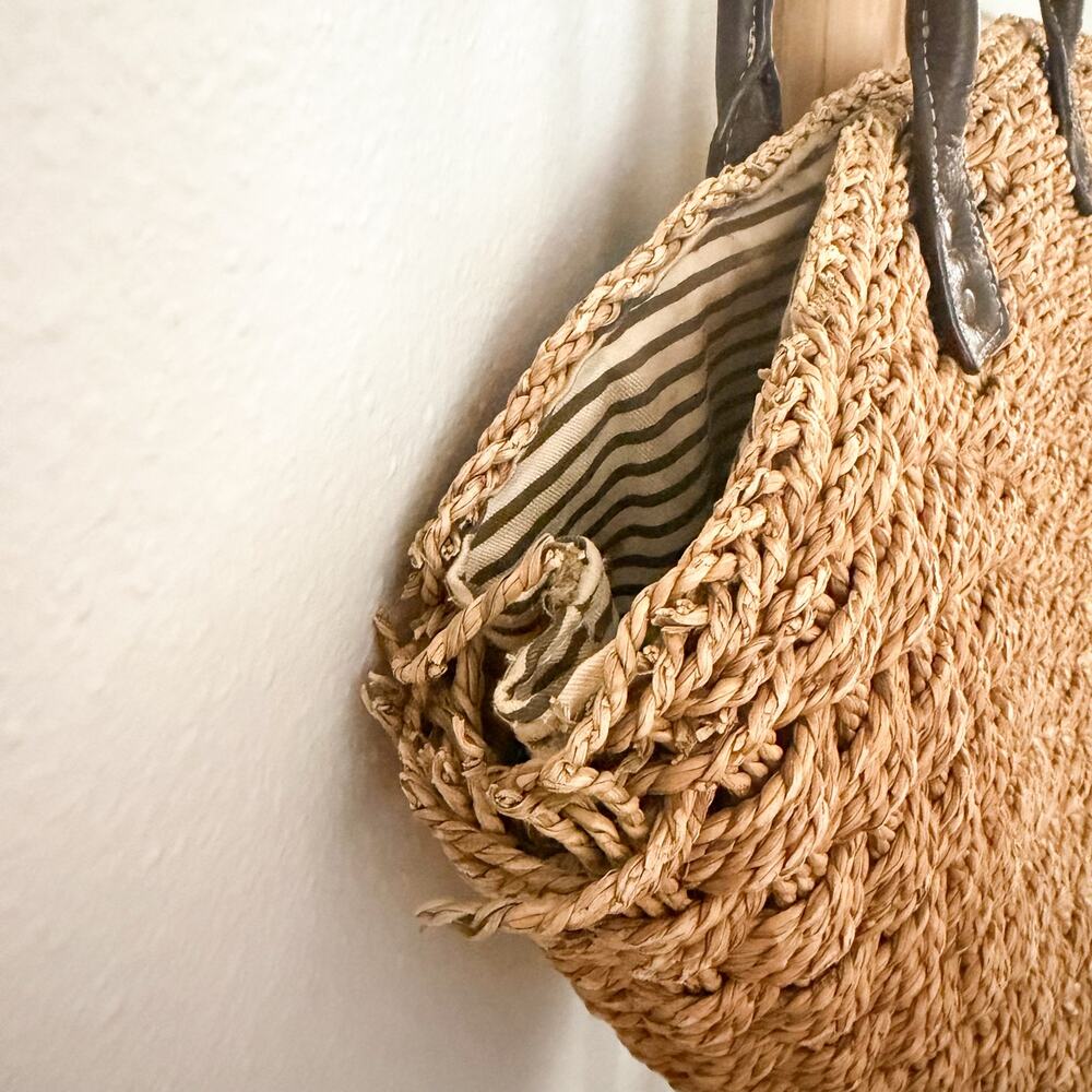 J.Crew Woven Straw Tote Bag Brown Leather Handles Large Beach Market Basket - Picture 5 of 13